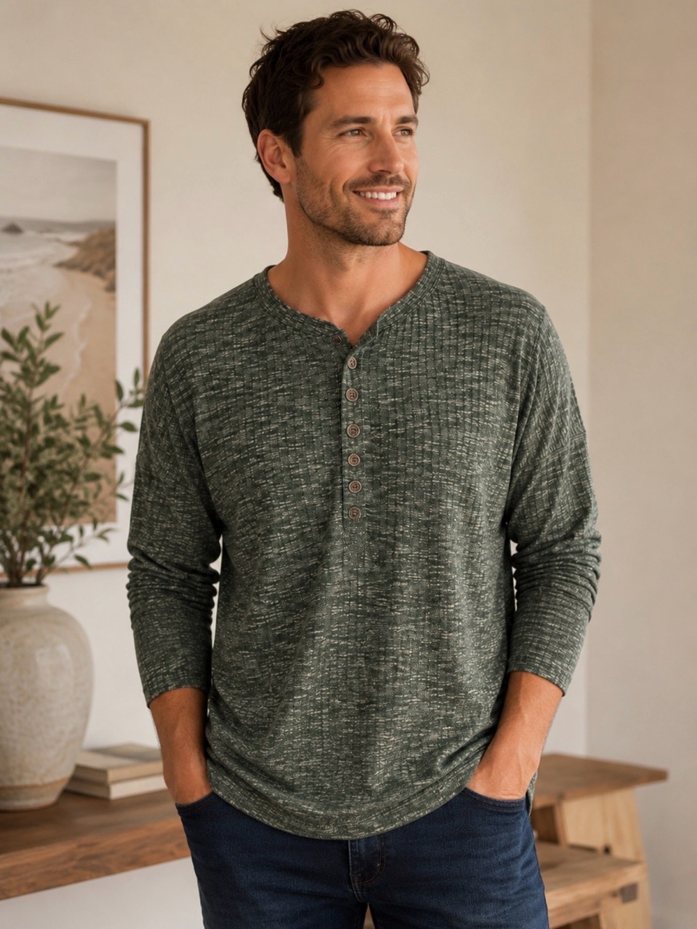Cyrus olive green Henley Long Sleeve Top